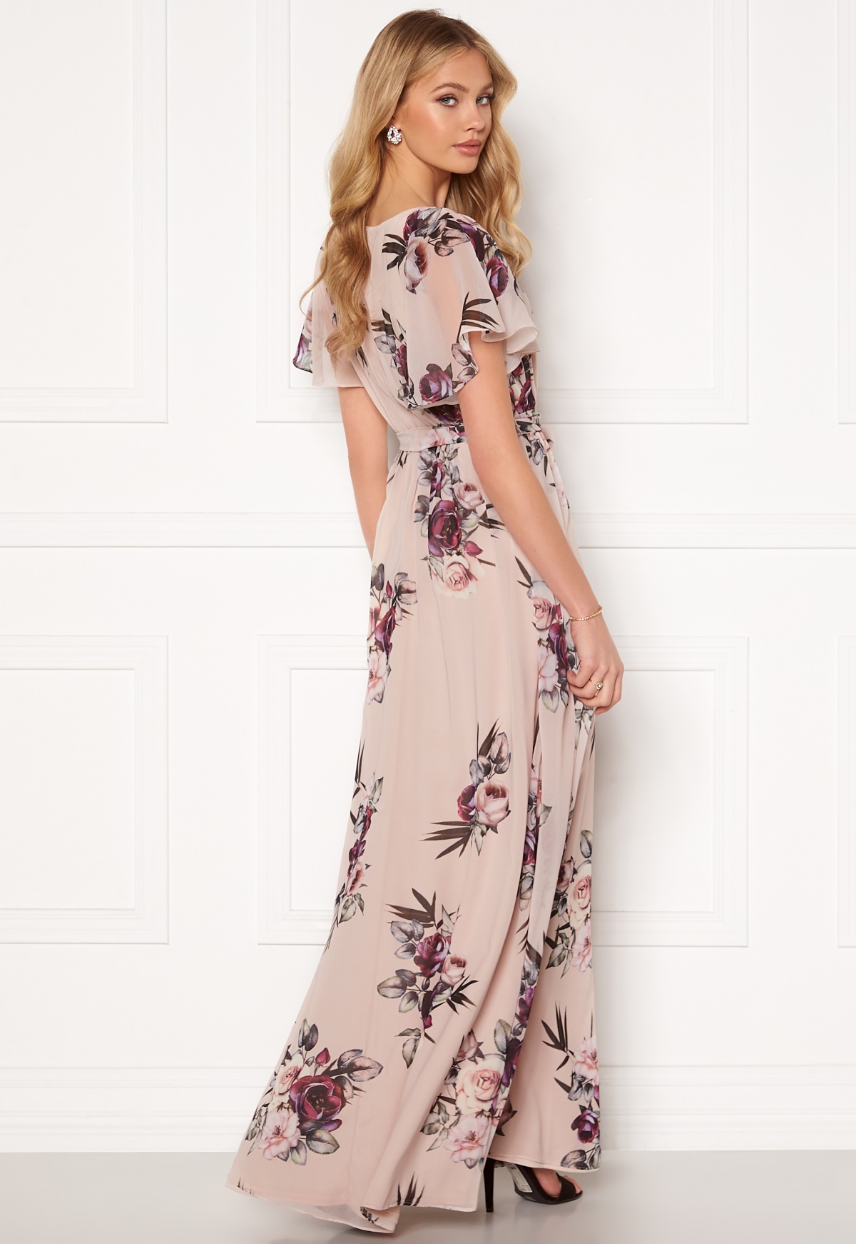 Goddiva Flutter Floral Maxi Dress Latte Bubbleroom 