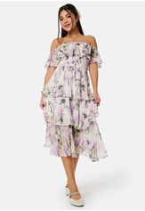 Goddiva Floral Bardot Pleated Midi Dress
