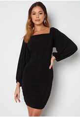 balloon-sleeve-rouched-mini-dress-black