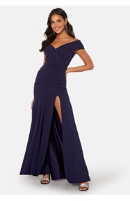 Goddiva Bardot Pleat Maxi Split Dress