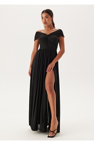 Goddiva Bardot Rouched Maxi Split Dress