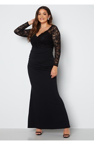 Goddiva Curve Long Sleeve Lace Trim Maxi Dress