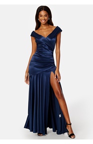 Goddiva Satin Bardot Pleat Maxi With Split