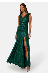 Goddiva Sequin Bardot Pleat Maxi With Split