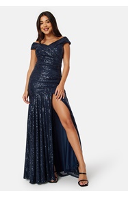 Goddiva Sequin Bardot Pleat Maxi With Split