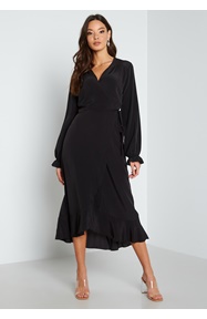 John Zack Long Sleeve Wrap Frill Dress