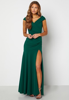 Goddiva Bardot Pleat Maxi Split Dress Emerald bubbleroom.dk