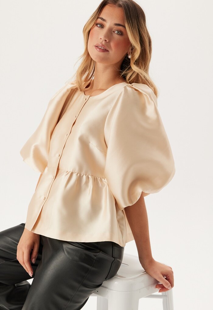 Bubbleroom Occasion Puff Sleeve Peplum Satin Blouse