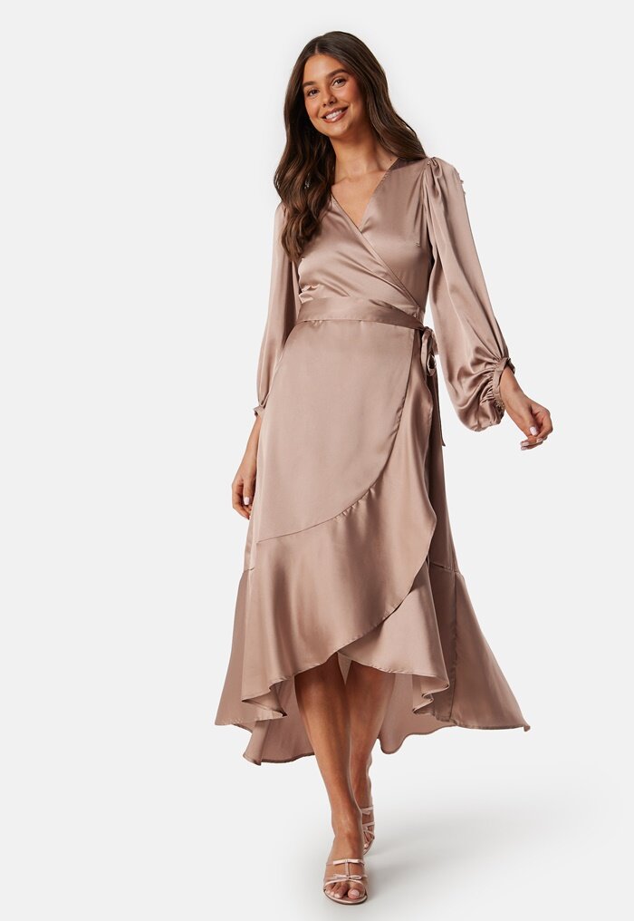 Bubbleroom Occasion Wrap Frill L/S Satin Dress