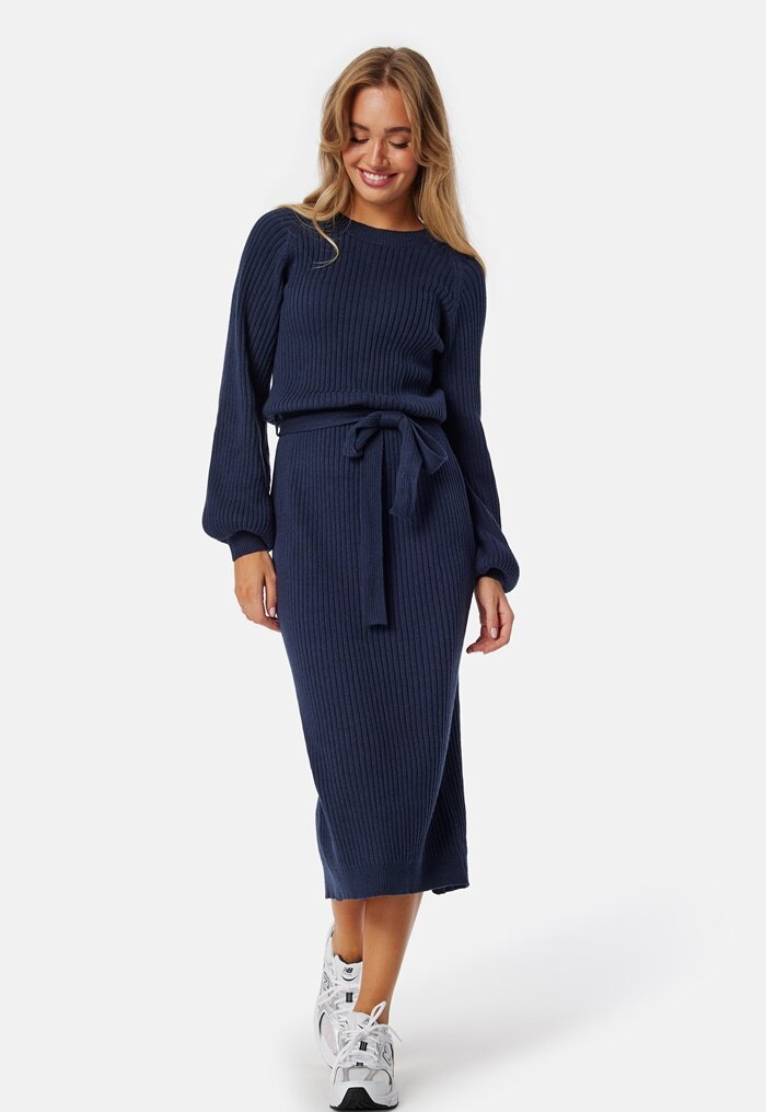 BUBBLEROOM Round Neck Rib Knitted Midi Dress 