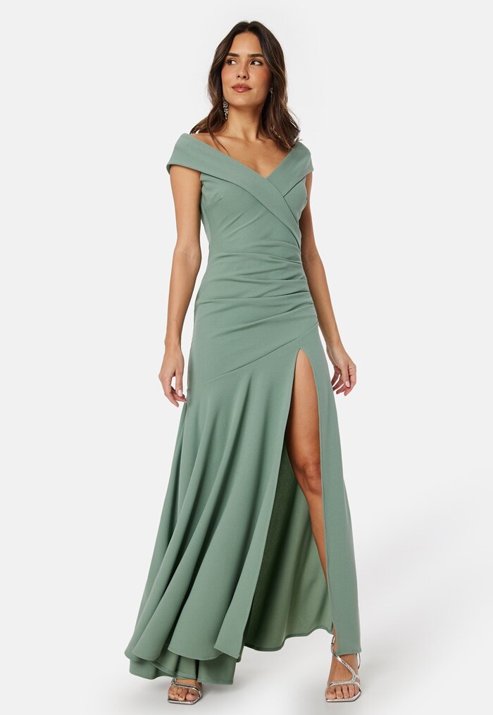 Goddiva Bardot Pleat Maxi Split Dress