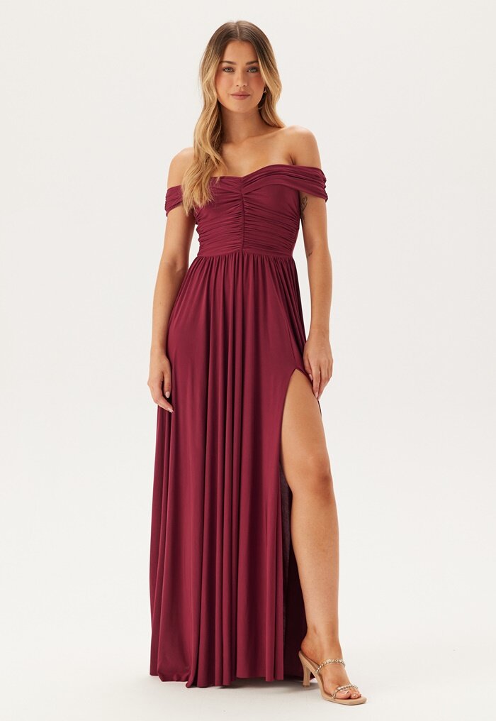 Goddiva Bardot Rouched Maxi Split Dress