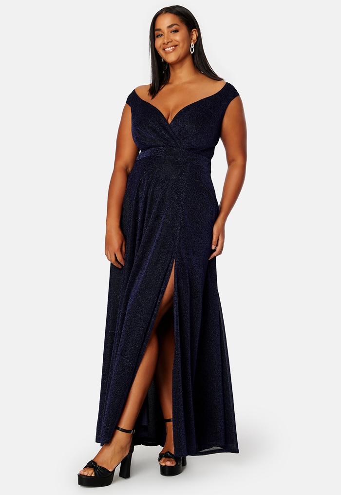 Goddiva Curve Glitter Wrap Front Maxi Curve Dress With Split