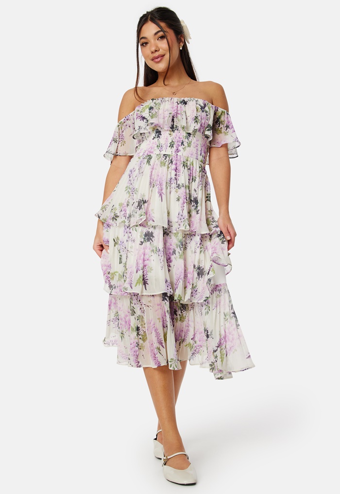 Goddiva Floral Bardot Pleated Midi Dress