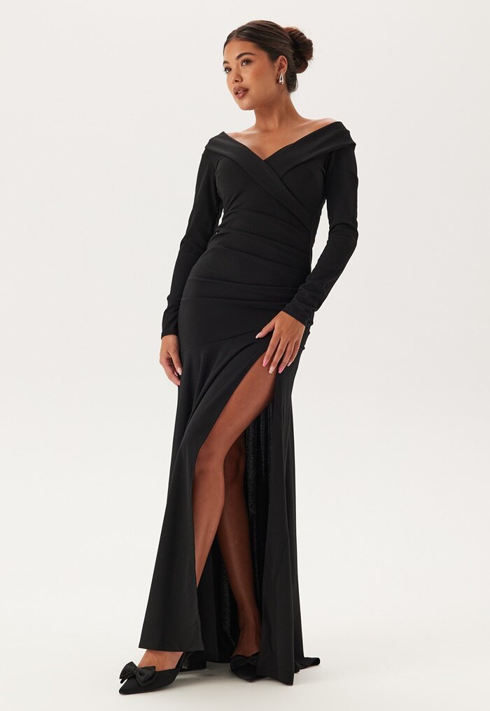 Goddiva Long Sleeve Bardot Pleat Maxi With Split