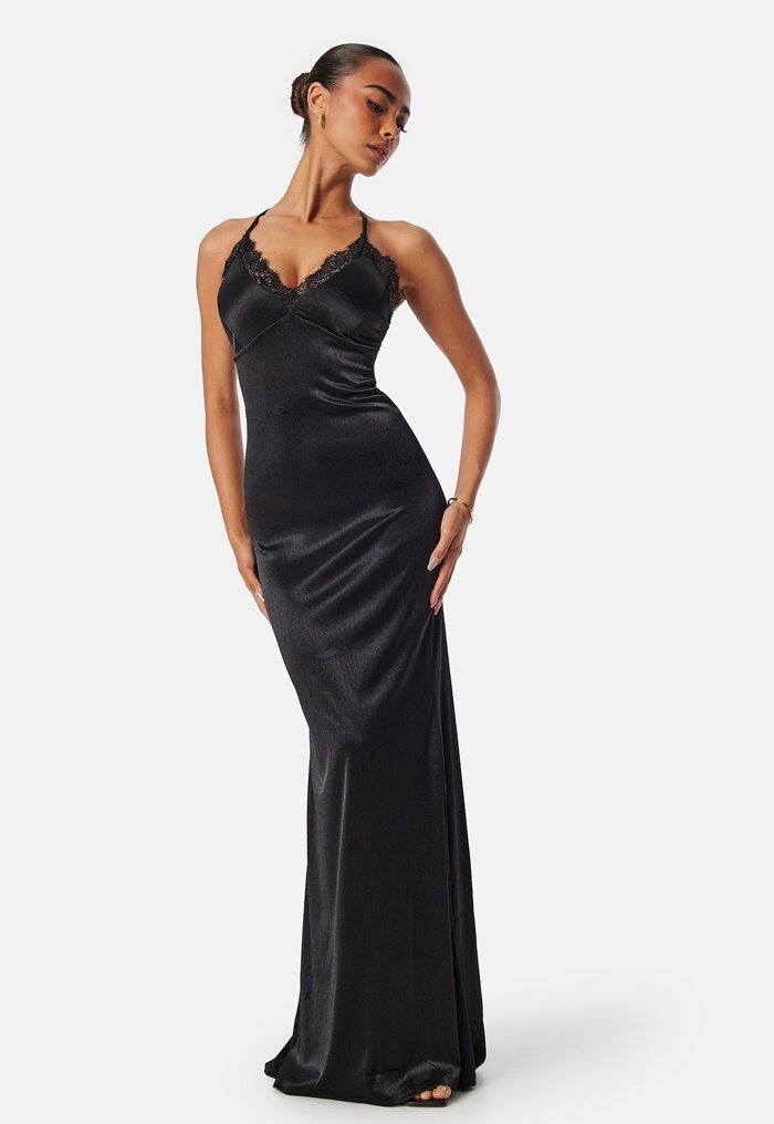 Goddiva Satin Lace Trim Maxi Dress