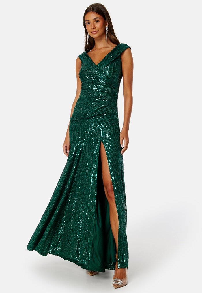 Goddiva Sequin Bardot Pleat Maxi With Split