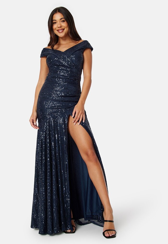 Goddiva Sequin Bardot Pleat Maxi With Split