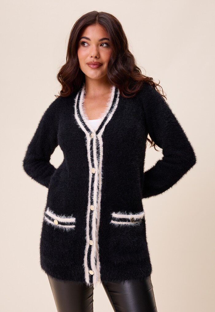 Happy Holly Contrast Fluffy Knitted Cardigan